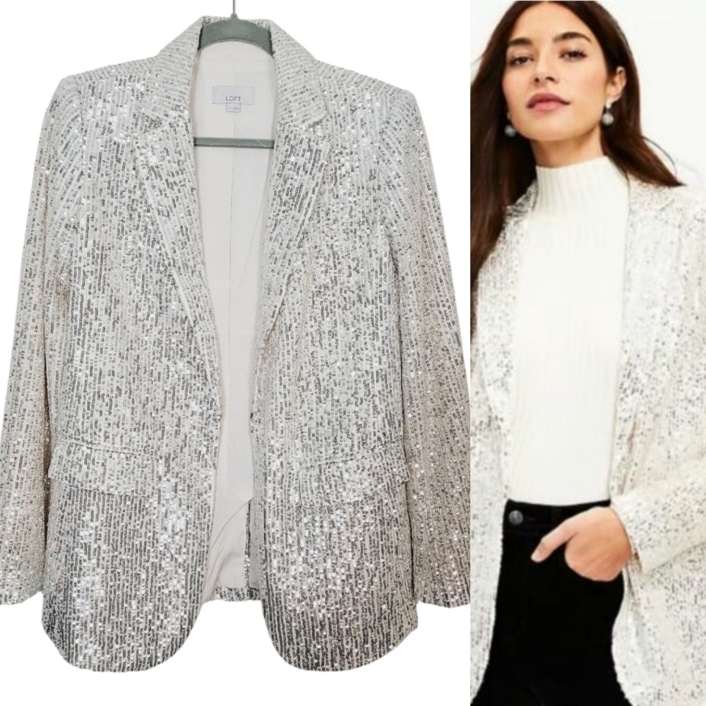 Loft Sequined Open Front Blazer Jacket Size 2 New Without Tags Cream & Silver